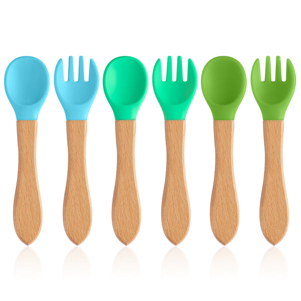 R HORSE 6Pcs Silicone Baby Forks and Spoon Set with Beech Handle Blue Green