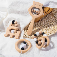 R HORSE 4Pcs Wooden Teether Rather Toys Babies Wooden Molar Rattles Infant Teething Ring Chew Bead Toy Montessori Styled Sensory Toy Set Hand Grasping Rattles for Baby Birthday Shower Gift Keepsake
