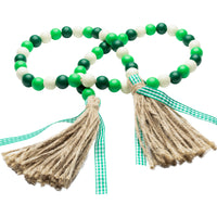 Patrick Day Wood Beads, 41’’ Wood Bead Garland Tassel Green&Beige Tassel Garland Farmhouse Rustic Beads with Jute Rope Plaid Tassel Natural Wood Beads Décor for Patrick Day