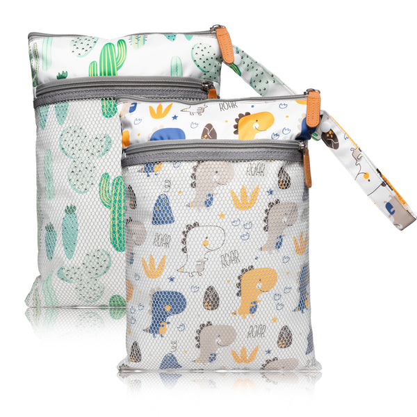 R HORSE 2Pcs Cloth Diaper Wet Dry Bags Cactus Dinosaur Pattern Waterproof Reusable Baby Diaper Bag