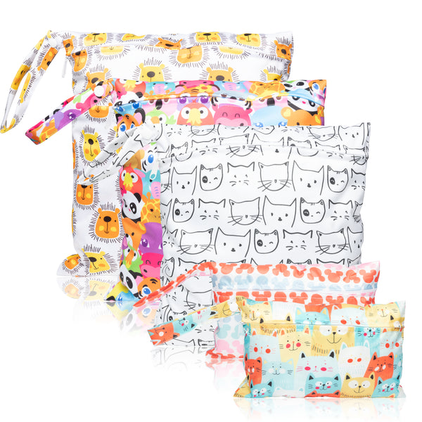 5Pcs Waterproof Reusable Wet Bag Diaper Baby Cloth Diaper Wet Dry Bags with 2 Zippered Pockets Travel Beach Pool Bag with Animal Head Pattern (3 Sizes)