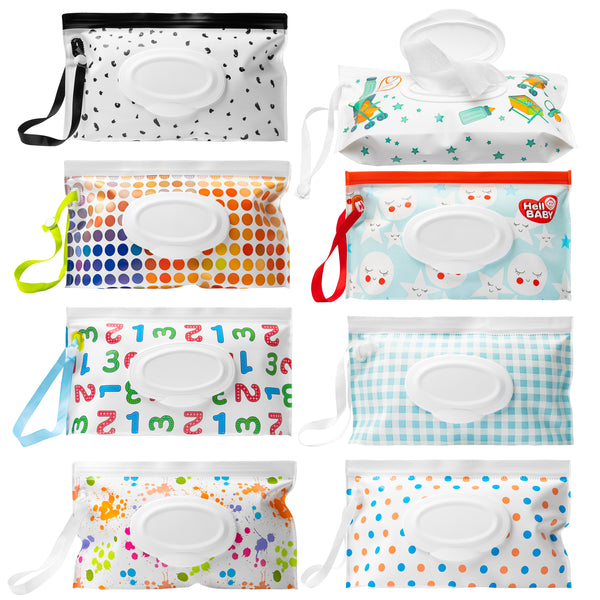 8 Pcs Wet Wipe Pouch Portable Wet Wipe Bags Handy Wet Wipe Pouch Reusable Wet Wipe Holder Set Refillable Baby Wipes Dispenser Wipes Carrying Case for Travel-Pouch Outside Carries
