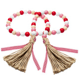 Valentine's Day Wood Beads, 41 Inch Wood Bead Garland Tassel Heart Tassel Garland Farmhouse Rustic Beads with Jute Rope Plaid Tassel Natural Wood Beads Décor for Valentines Day Gift