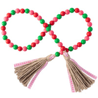 Flamingo Theme Wood Bead Garland with Tassel Green Pink Red Wood Garland Summer Rustic Farmhouse Tiered Tray Decorations Country Rustic Wall Hanging Decor Natural Wood Bead Decoration for 2021 Summer