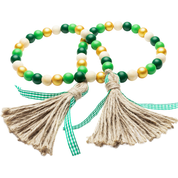 Patrick Day Wood Beads, 41’’ Wood Bead Garland Tassel Green&Gold Tassel Garland Farmhouse Rustic Beads with Jute Rope Plaid Tassel Natural Wood Beads Décor for Patrick Day