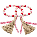 Valentine's Day Wood Beads, 41 Inch Wood Bead Garland Tassel Heart Tassel Garland Farmhouse Rustic Beads with Jute Rope Plaid Tassel Natural Wood Beads Décor for Valentines Day Gift