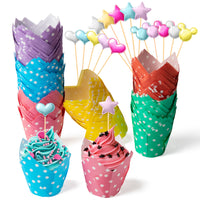 R HORSE 255Pcs Tulip Cupcake Liners Set Muffin Baking Cups Dot Style Cupcake Wrappers for Dessert with Cupcakes Toppers Rustic Cupcake Baking Liner Holders for Kitchen Cooking Baking