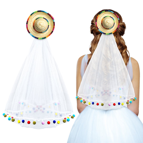 Final Fiesta Bridal Veil, R HORSE Bachelorette Party Sombrero Hat Veil with Pom Poms, Bridal Shower Veils and Headpieces, Bride Party Wedding Veil, Bride to Be Gift, Bridal Accessories (24inch Veil)