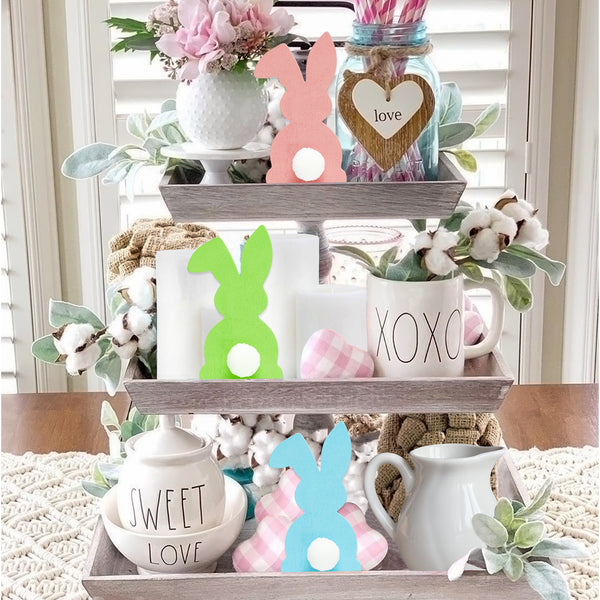 R HORSE 3Pcs Easter Wooden Rabbit Shaped Tiered Tray Decoration