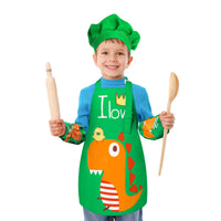R HORSE Kids Aprons Chef Hat and Sleeves Sets Green Cute Dinosaur Cooking Aprons Toddler Chef Hat