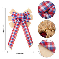 2Pcs Large Patriotic Wreath Bows Blue Red Plaid Burlap Wreath Bow Memorial Day Decoration Bow Topper for Independence Day Veteran's Day 4th of July America Day Indoor Outdoor Decor 10.6 x 19.6 inch