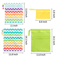 R HORSE 4Pcs Waterproof Reusable Wet Bag Diaper Baby Cloth Diaper Bag Colorful Ripple Yellow Green Wet Dry Bags with 2 Zippered Pockets Travel Beach Pool Bag (3 Sizes)