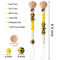 R HORSE 2Pcs Baby Pacifier Clips Set Yellow and Black Plaid Metal Teething Clips Wooden Pacifier Holder