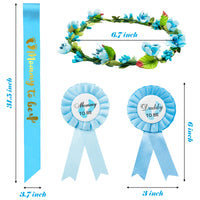 Blue and Gold Mommy to Be Sash Kit Gender Reveals Party Floral Garland Crown with Daddy to Be Tinplate Badge Combo Decor Supplies Favors for Boys Baby Shower Party Photo Prop Gift