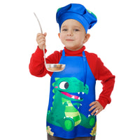 R HORSE Kids Aprons Chef Hat Sets Blue Cute Dinosaur Cooking Aprons Toddler Chef Hat