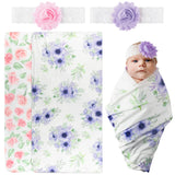 Newborn Baby Swaddle Blankets Headband Sets Including 2 Pack of Pink Purple Swaddle Blanket & Lace Headband Floral Pattern Receiving Blankets for Baby Shower Newborn Gift ( 0-3 Months)