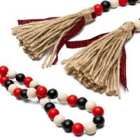 R HORSE Black & Red Plaid Wood Beads, 41'' Wood Beads Garland Hanger Winter Rustic Beads with Jute Rope Plaid Tassel Natural Wood Beads Vase Garland Home Décor for Room Ornament