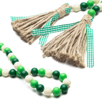 Patrick Day Wood Beads, 41’’ Wood Bead Garland Tassel Green&Beige Tassel Garland Farmhouse Rustic Beads with Jute Rope Plaid Tassel Natural Wood Beads Décor for Patrick Day
