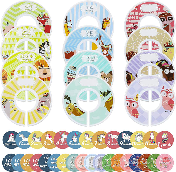 R HORSE Baby Closet Size Dividers Set of 12Pcs Nursery Closet Clothes Dividers and 32Pcs Newborn Stickers Toddler Decor Clothes Size Dividers with Pre-Printed and Blank Size Dividers for Boy Girl