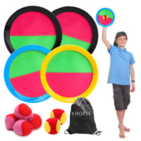 R HORSE Paddle Catch Ball Set Toss and Catch Ball Game Set 4 Hook and Loop Adjustable Self-Stick Paddles 6 Balls with Storage Bag (11 Packs)