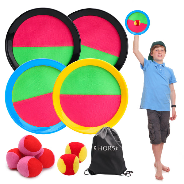 R HORSE Paddle Catch Ball Set Toss and Catch Ball Game Set 4 Hook and Loop Adjustable Self-Stick Paddles 6 Balls with Storage Bag (11 Packs)