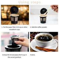 108Pcs Reusable K Cups Filters Kit, Disposable Paper Coffee Filters with Paper Filters Set Including 100pcs Disposable Paper Coffee Filters 4Pcs K Cups 2Pcs Spoons & 2Pcs Brushes