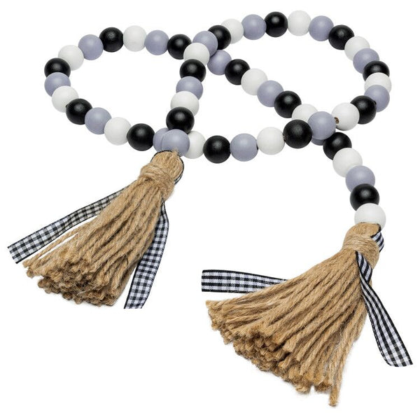 R HORSE Black & White Plaid Wood Beads, 41'' Wood Beads Garland Hanger Winter Rustic Beads with Jute Rope Plaid Tassel Natural Wood Beads Vase Garland Home Décor for Room Ornament