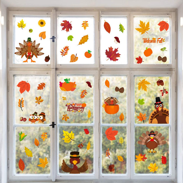 R HORSE 201PCs Thanksgiving Window Clings 10 Sheets Maple Leaf Decal Stickers Fall Leaves Clings for Harvest Decorations Welcome Fall Ornaments (Pine Nuts/Maple Leaves/Sunflower Included)