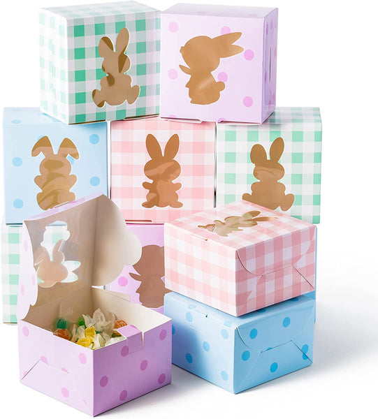 R HORSE 49Pcs Easter Treat Boxes Colorful Buffalo Plaid Cardboard Box with Rabbit Bunny Shape Window Spring Summer Paper Gift Container for Cookie Goodie Candy Sweet Easter Party Favors