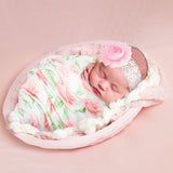 Newborn Baby Swaddle Blankets Headband Sets Including 2 Pack of Pink Purple Swaddle Blanket & Lace Headband Floral Pattern Receiving Blankets for Baby Shower Newborn Gift ( 0-3 Months)